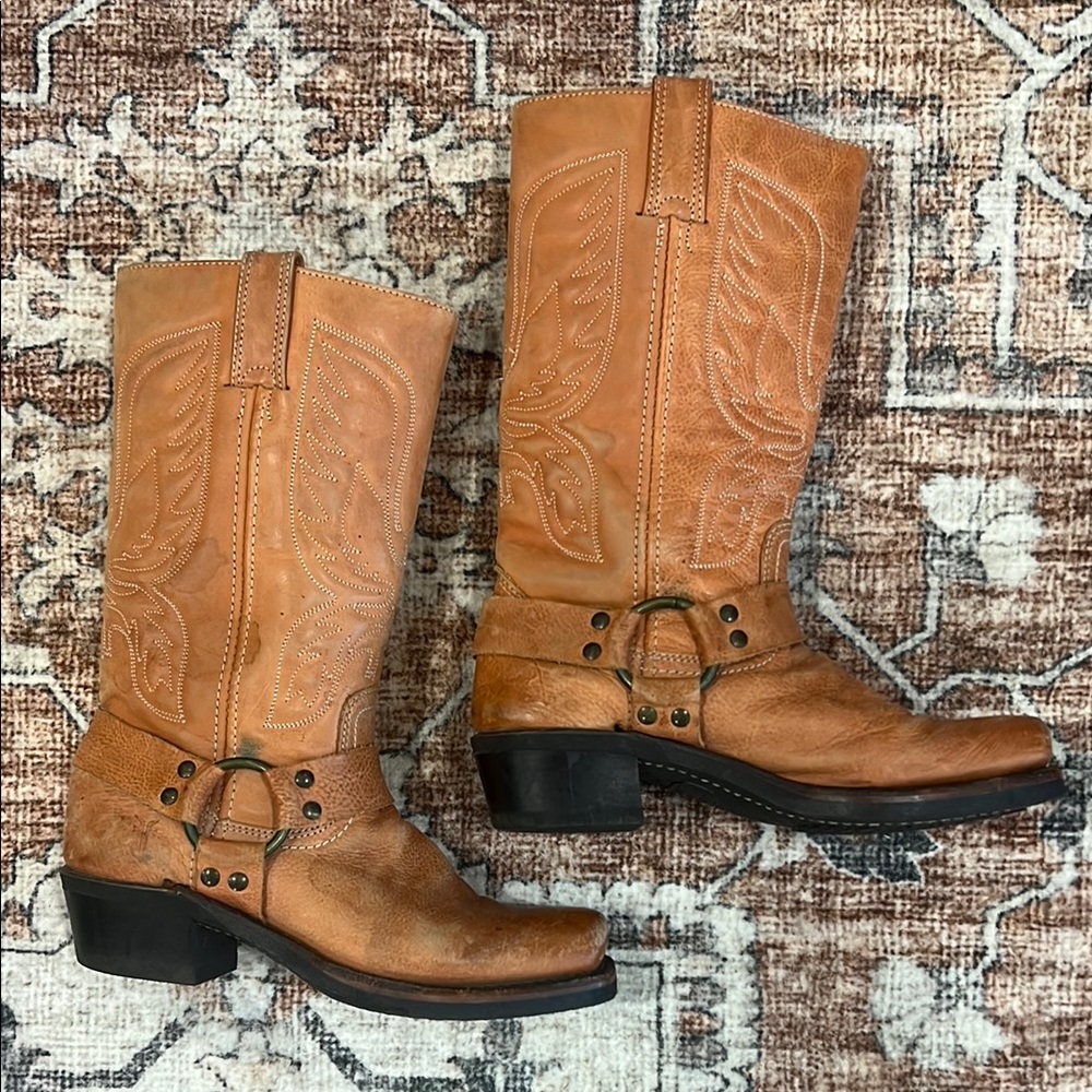 Frye Women’s Harness Eagle Stitch Leather Motorcycle Boots Orange